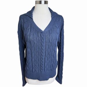 Toad & Co Blue Cable Knit Sweater Shawl Collar V Neck Organic Cotton Medium